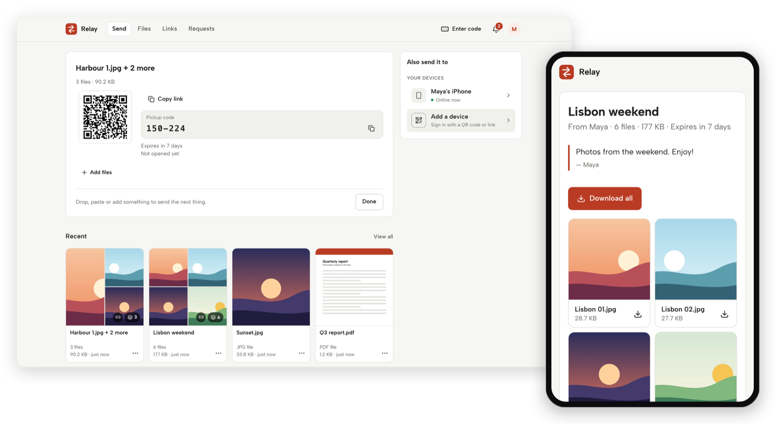Relay's Send page with a finished share link and pickup code, beside the shared page open on a phone.