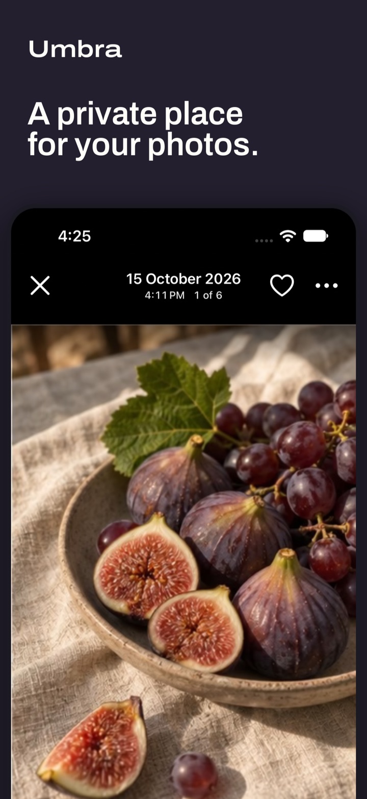 Umbra's photo viewer showing a bowl of figs, headed: A private place for your photos.